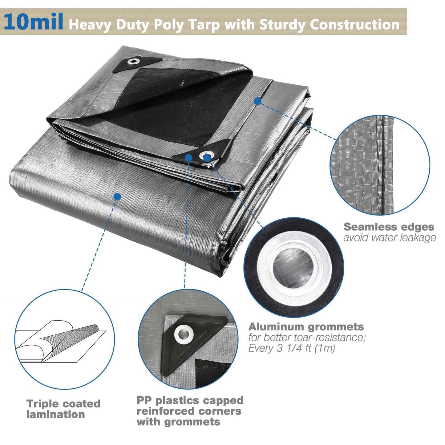 9x12ft Heavy Duty Poly Tarp Silver Black