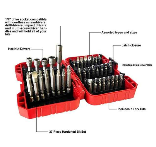 37 Piece Impact Screwdriver Bit Set Nut Driver Torx Phillips Tool Magnetic Drill