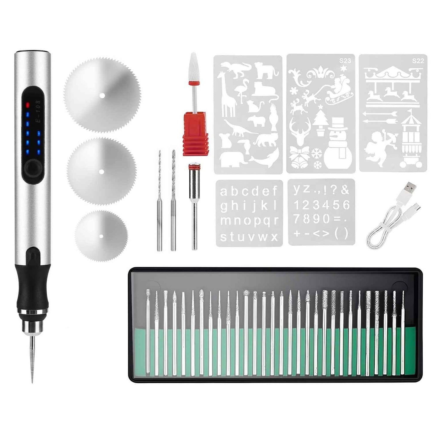 1Set Electric Engraving Pen With 33Pcs Burr Bits 5Pcs Stencils 3 Gears Speed Rechargeable Cordless Professional Engraver Etching Machine For Jewelry Glass Stone Metal Wood