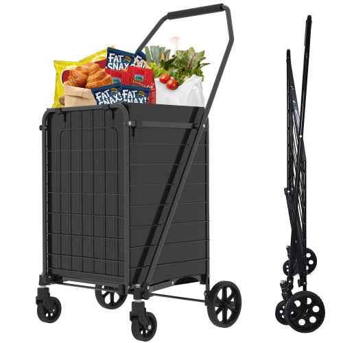Shopping Cart With Shelf,Grocery Cart On Wheels, Foldable Utility Shopping Carts With Double Basket And 360 Rolling Swivel Wheels For Groceries Laundry