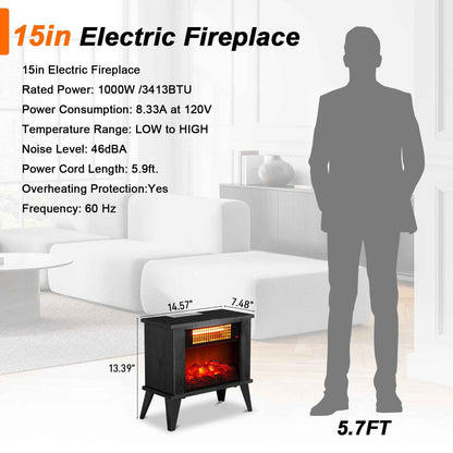 ZOKOP HT1287B 120V 1000W 15in Fireplace Black Wood Free-standing - Quartz Tube - 2nd Gear Temperature Control - With Fake Firewood  - Single Color