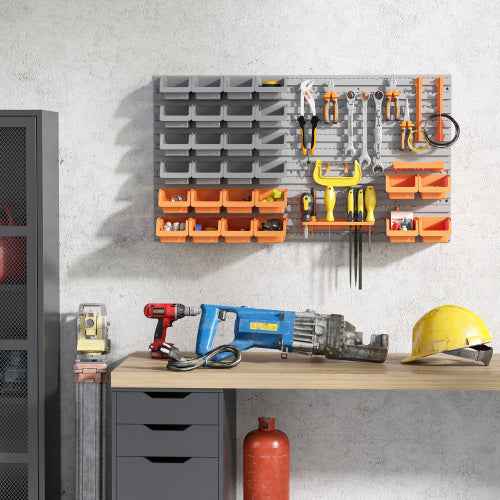 DURHAND 44 Piece Wall Mounted Pegboard Tool Organizer Rack Kit With Various Sized Storage Bins, Pegboard, & Hooks, Orange
