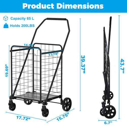 Shopping Cart With Shelf,Grocery Cart On Wheels, Foldable Utility Shopping Carts With Double Basket And 360 Rolling Swivel Wheels For Groceries Laundry