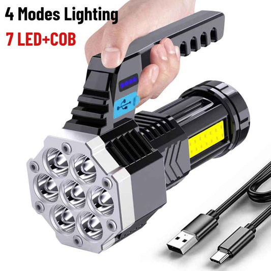 7 LED Flashlight COB Torch Rechargeable Side Light USB Charging 4 Modes Waterproof Work Light