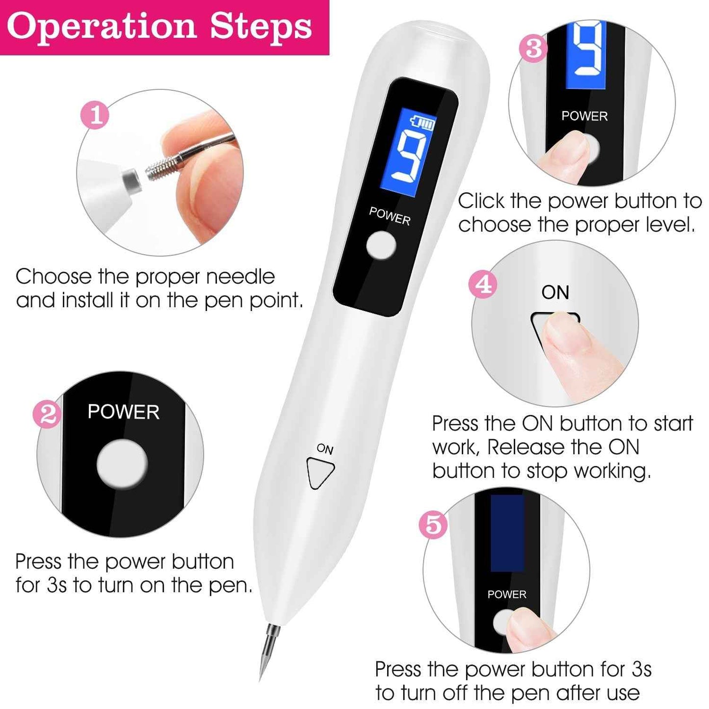1Pc Skin Tag Repair Kit Portable Beauty Equipment Multi-Level With Home Usage USB Charging LCD Level Adjustable 6 Replaceable Needles