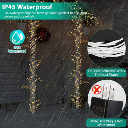 1Pc 7.87FT Lighted Birch Garland Lighted Twig Vine Lights 144LED Birch Garland With Lights String Light With Timer 8 Modes IP45 Waterproof For Christmas Fireplace Home Decoration