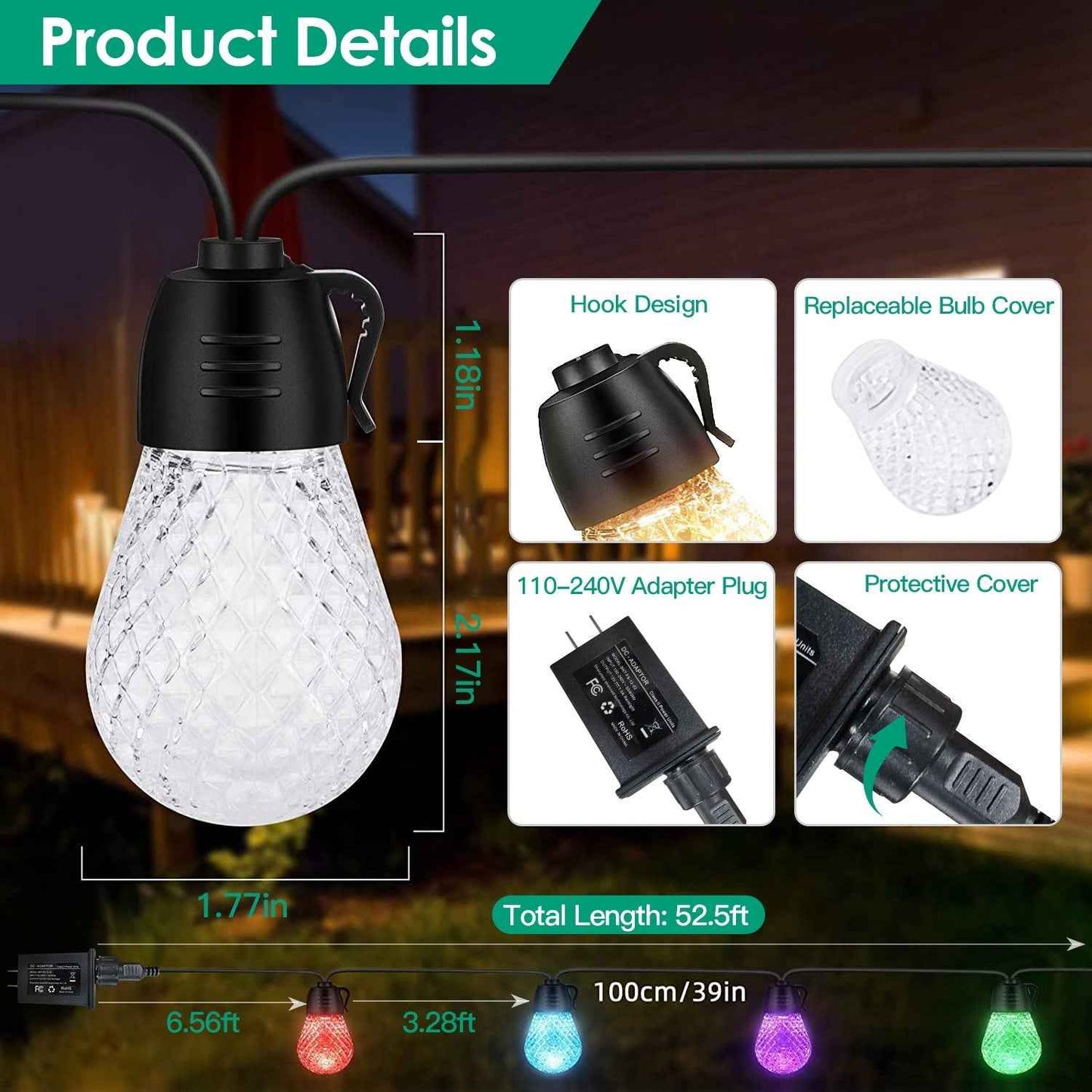 52.5FT Colorful Outdoor String Lights Smart RGB LED Patio Lights IP66 Waterproof Dimmable Hanging Light Bulbs With APP Remote Control 15 Bulbs