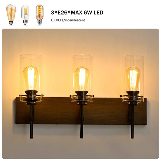 3-Light Matte Black Wood Color Bathroom Light Fixtures, Modern Vanity Lights With Glass Shade, Vintage Light Fixture Bathroom Over Mirror Wall Lights For Kitchen Dinning Room Bedroom Hallway