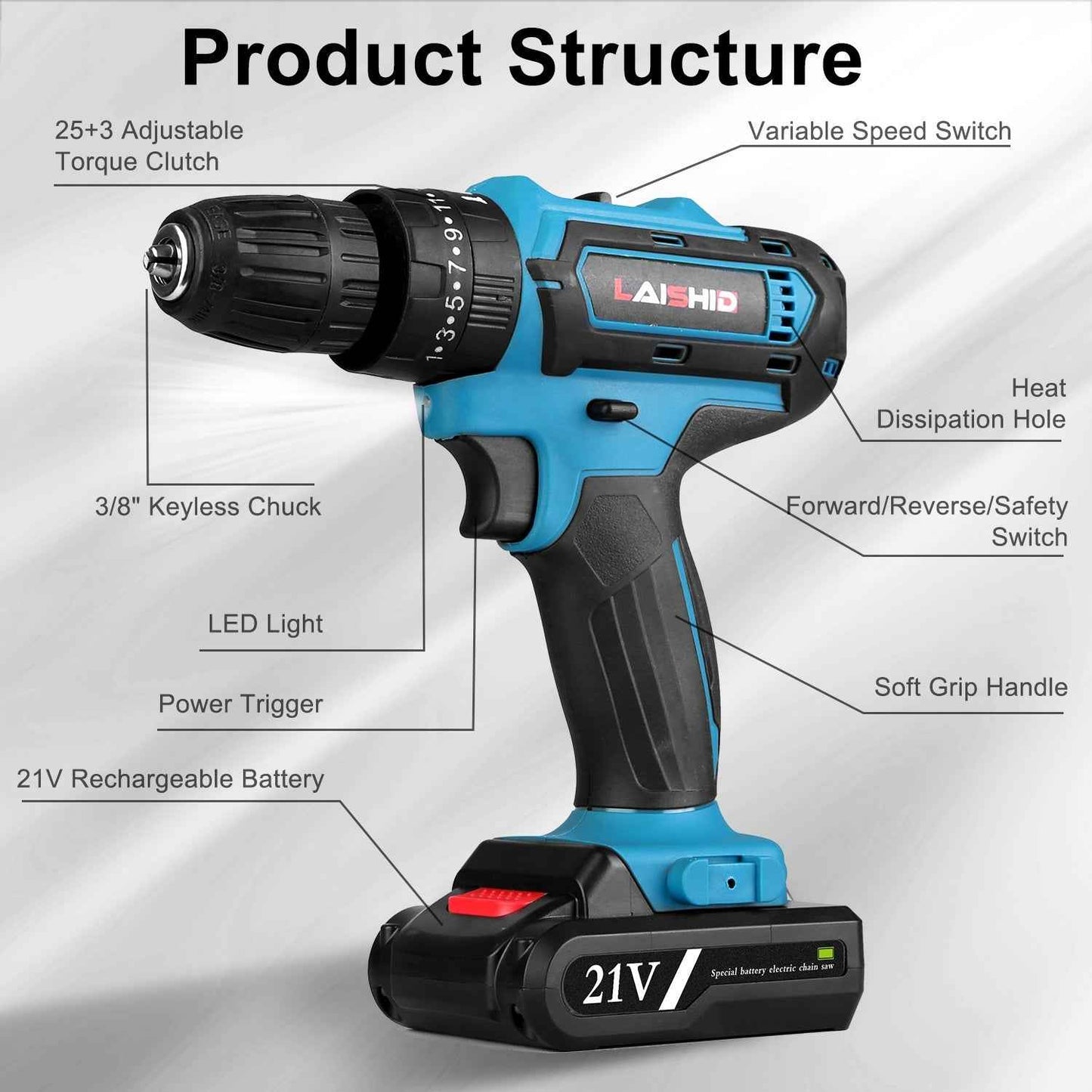 1Pack Cordless Drill Set With 2Pcs 21V Batteries And Charger 2 Variable Speeds Keyless Chuck 265lnLbs 25 And 3 Torque Positions Included 24Pcs Drill Bits For Home Car Repair Handmade
