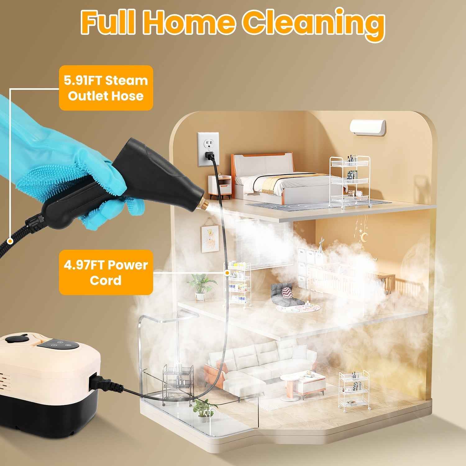 1500W Handheld High Temperature And Pressure Steamer Cleaner With 1200ML Tank 8 Accessories 6 Steam Levels Digital Display Handle Control For Dirt Grease Grout Tile Floor Couch Car