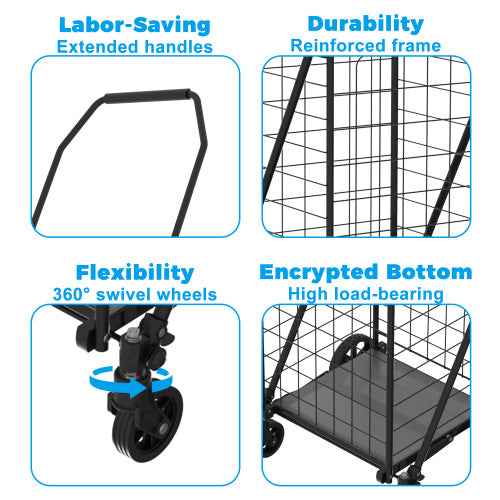 Shopping Cart With Shelf,Grocery Cart On Wheels, Foldable Utility Shopping Carts With Double Basket And 360 Rolling Swivel Wheels For Groceries Laundry