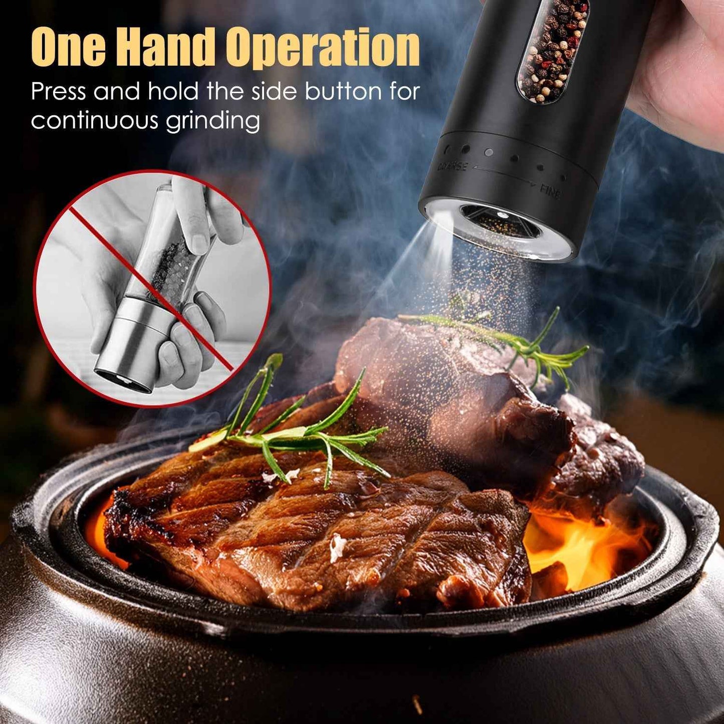 1Pc  Electric Pepper Grinder USB Rechargeable Pepper Mill Automatic Salt Grinder With 6 Adjustable Coarseness LED Light 110ML Container One Hand Operation For Kitchen Essential