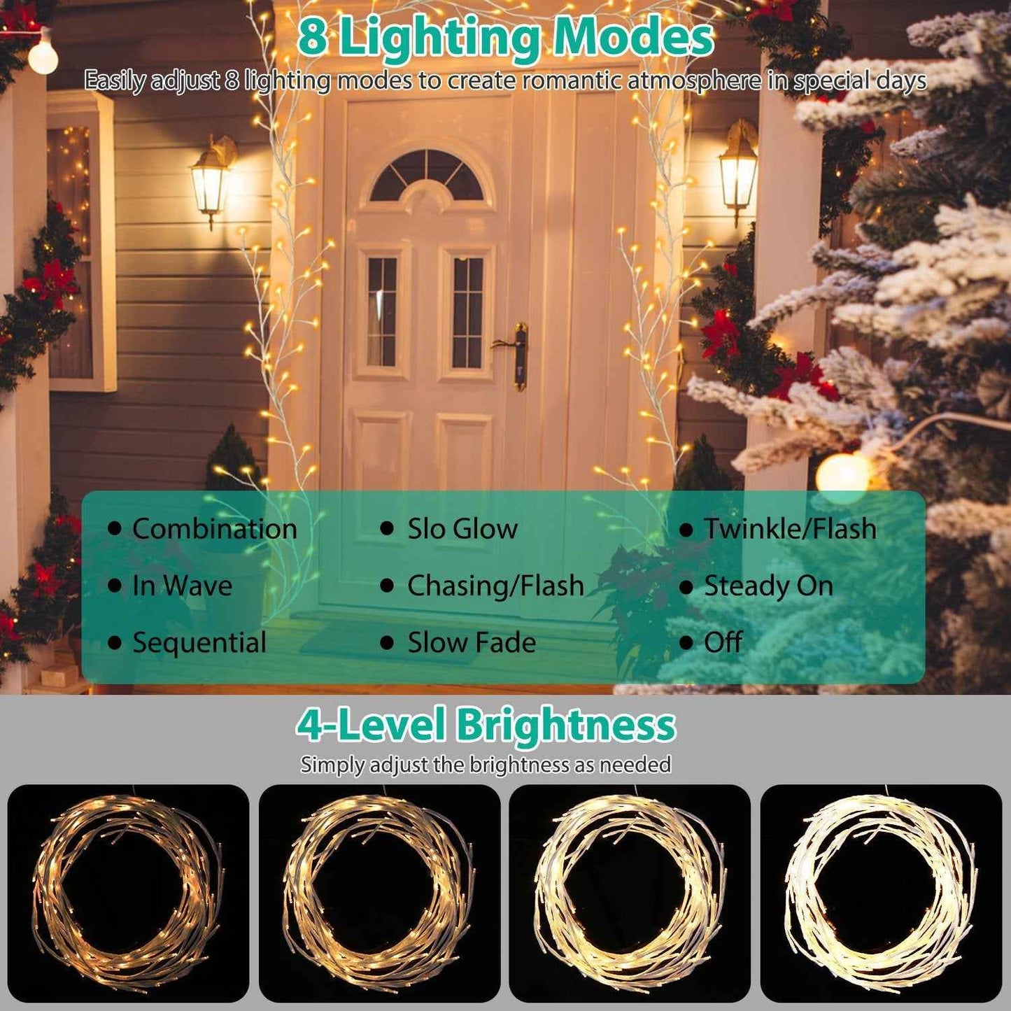 1Pc 7.87FT Lighted Birch Garland Lighted Twig Vine Lights 144LED Birch Garland With Lights String Light With Timer 8 Modes IP45 Waterproof For Christmas Fireplace Home Decoration