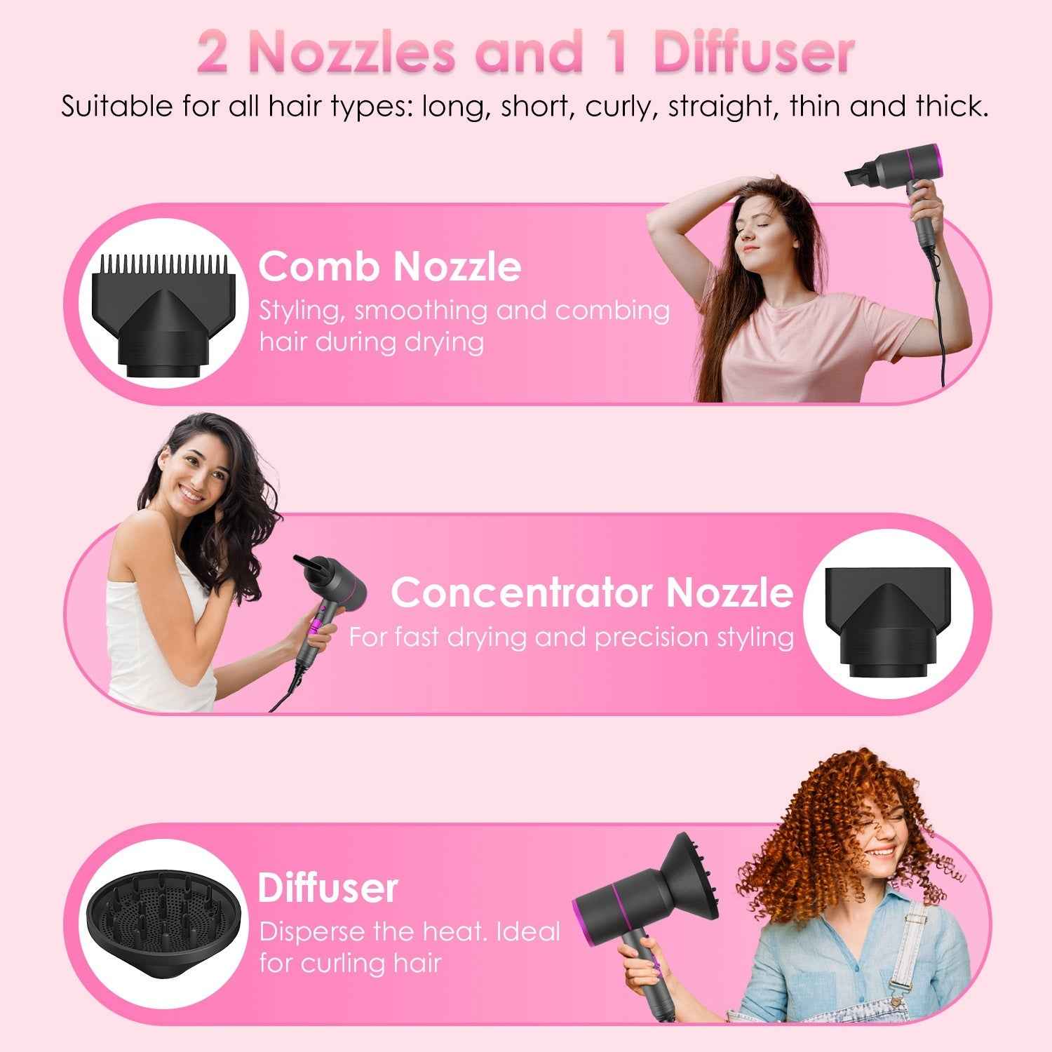 1Pc 1800W Hair Dryer Portable Compact Hair Blow Dryer With Cool Warm Hot Wind With Diffuser Concentrator Comb Nozzle ALCI Plug Overheat Protection For Women Man Straight Curly Hair