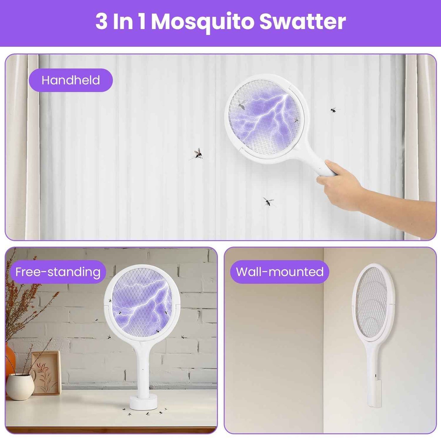 3 In 1 Electric Bug Zapper Racket 90Degree Rotating Bug Zapper Wand Indoor Outdoor Handheld Mosquito Swatter With Telescopic Extension Wand