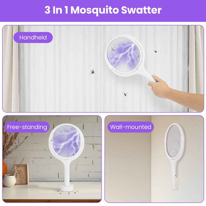 3 In 1 Electric Bug Zapper Racket 90Degree Rotating Bug Zapper Wand Indoor Outdoor Handheld Mosquito Swatter With Telescopic Extension Wand