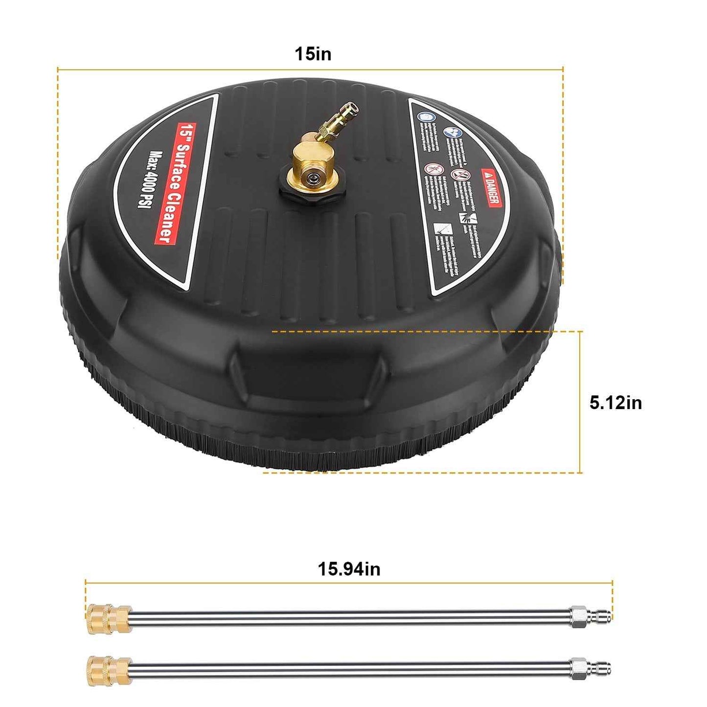 1 Set 15in High Pressure Flat Surface Cleaner 4000PSI Disc Power Washer Broom With 2 Washer Extension Wands 2Pc Replacement Nozzles