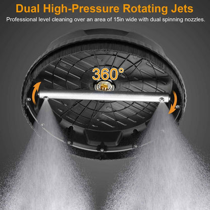 1 Set 15in High Pressure Flat Surface Cleaner 4000PSI Disc Power Washer Broom With 2 Washer Extension Wands 2Pc Replacement Nozzles