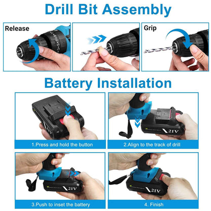 1Pack Cordless Drill Set With 2Pcs 21V Batteries And Charger 2 Variable Speeds Keyless Chuck 265lnLbs 25 And 3 Torque Positions Included 24Pcs Drill Bits For Home Car Repair Handmade