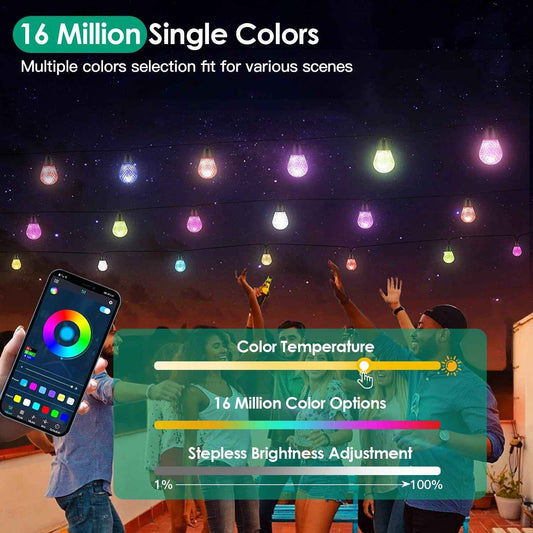 52.5FT Colorful Outdoor String Lights Smart RGB LED Patio Lights IP66 Waterproof Dimmable Hanging Light Bulbs With APP Remote Control 15 Bulbs