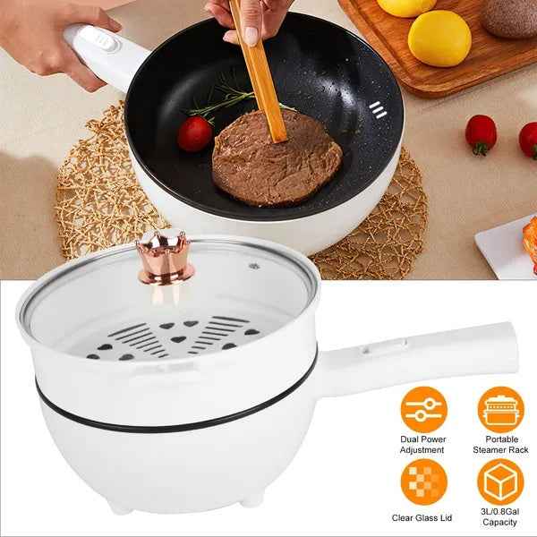 Electric Hot Pot Non-Stick Frying Pan Portable Rapid Noodles Cooker With Long Handle Steamer Spatula Dual Power Control Overheat Dry-Boil Protection For College Dorm Room Essential GPCT5386
