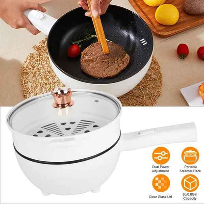 Electric Hot Pot Non-Stick Frying Pan Portable Rapid Noodles Cooker With Long Handle Steamer Spatula Dual Power Control Overheat Dry-Boil Protection For College Dorm Room Essential GPCT5386