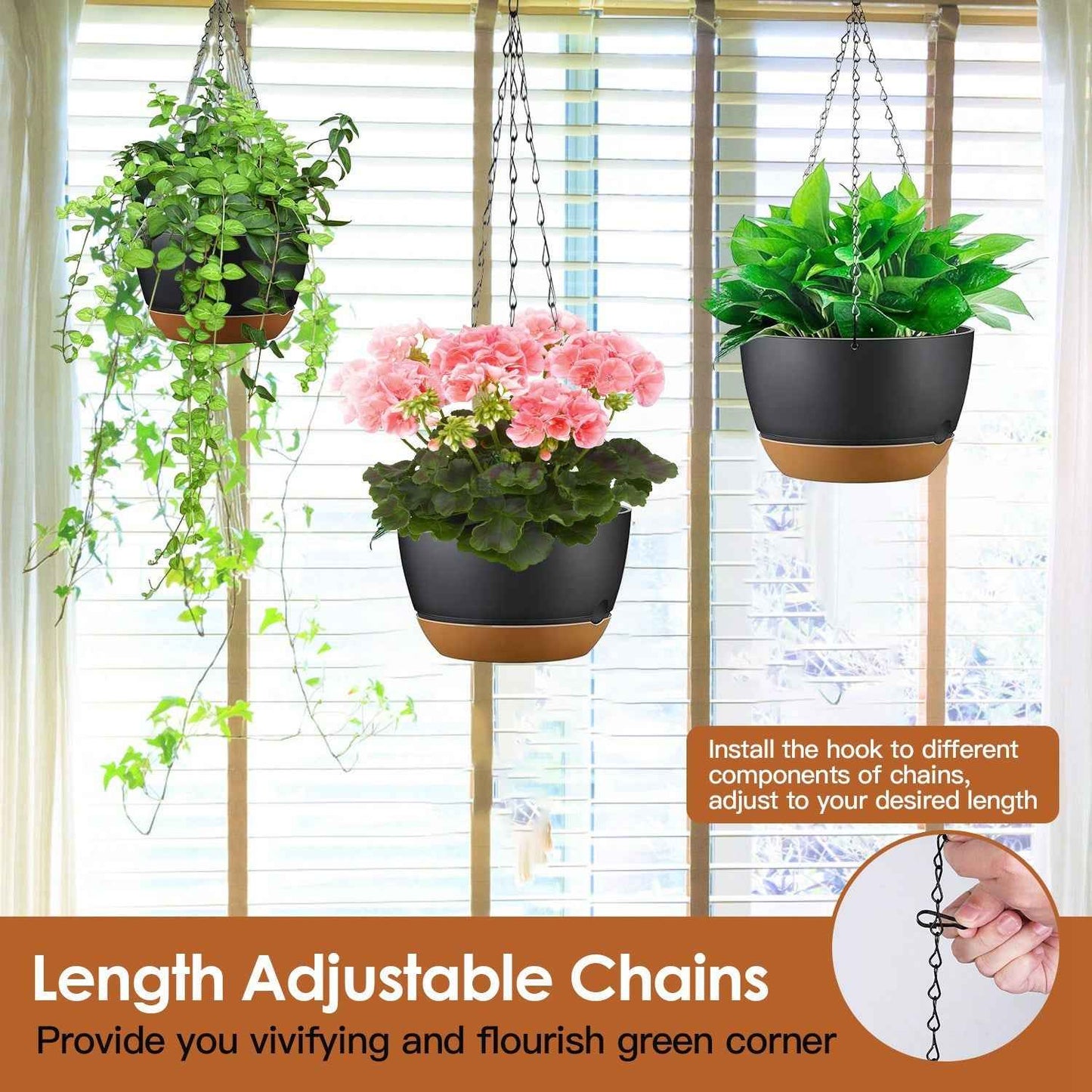 4Pcs 9.64In Diameter Hanging Planter With Drainage Holes Removable Self-Watering Tray Plastic Hanging Flower Plant Pots For Indoor Outdoor Herb Ivy Fern