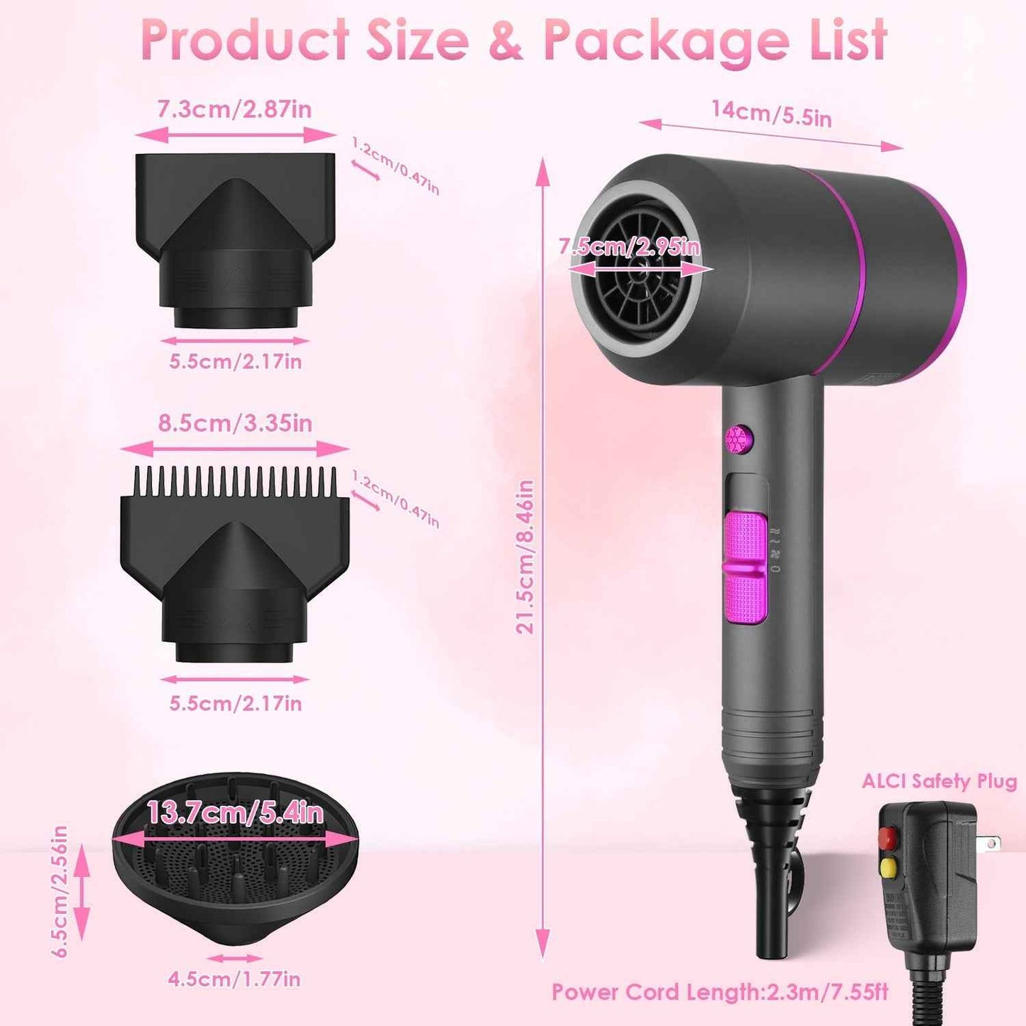 1Pc 1800W Hair Dryer Portable Compact Hair Blow Dryer With Cool Warm Hot Wind With Diffuser Concentrator Comb Nozzle ALCI Plug Overheat Protection For Women Man Straight Curly Hair