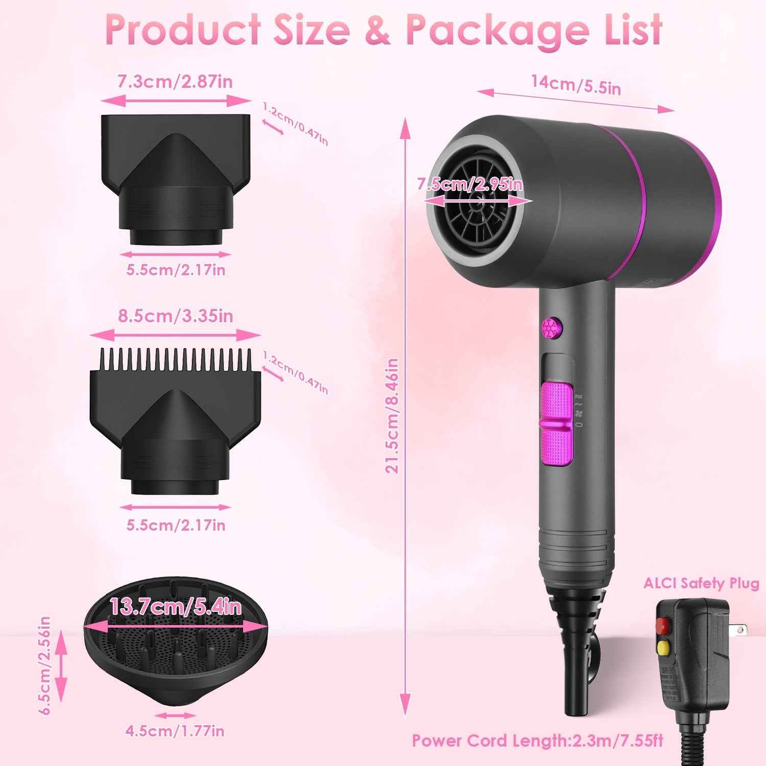 1Pc 1800W Hair Dryer Portable Compact Hair Blow Dryer With Cool Warm Hot Wind With Diffuser Concentrator Comb Nozzle ALCI Plug Overheat Protection For Women Man Straight Curly Hair