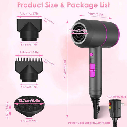 1Pc 1800W Hair Dryer Portable Compact Hair Blow Dryer With Cool Warm Hot Wind With Diffuser Concentrator Comb Nozzle ALCI Plug Overheat Protection For Women Man Straight Curly Hair