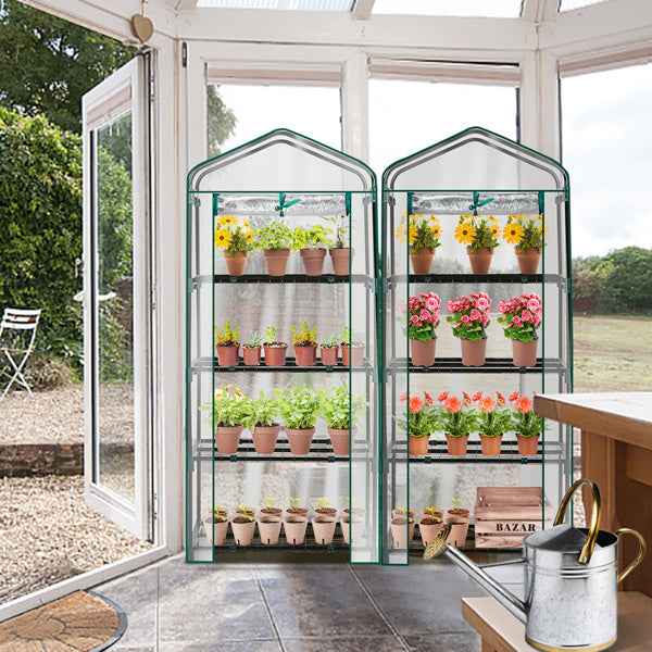 27X19X62in PE Cloth Flower Room Transparent PVC Dark Green Iron Pipe Spire Mini With 4 Ply Grid Flower Stand With Zipper Rolling Door