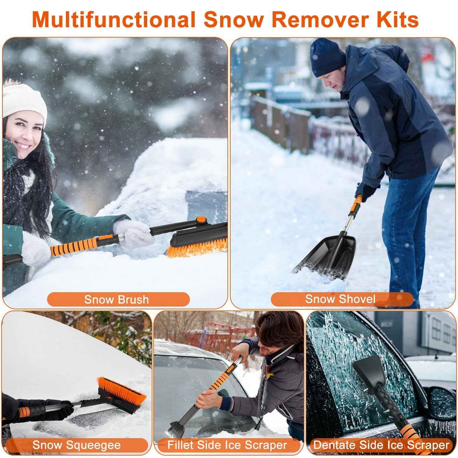 1Pc 5 In 1 Detachable Snow Remover Kits Extendable Ice Scraper Snow Shovel 180Degree Adjustable Snow Brush Head For Car Windshield Roof