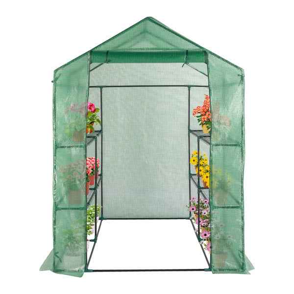 143x143x195cm PE Fabric Flower Room, Black Iron Pipe, Pointed Top, With 8 Mesh Flower Racks, Zipper Roll Door