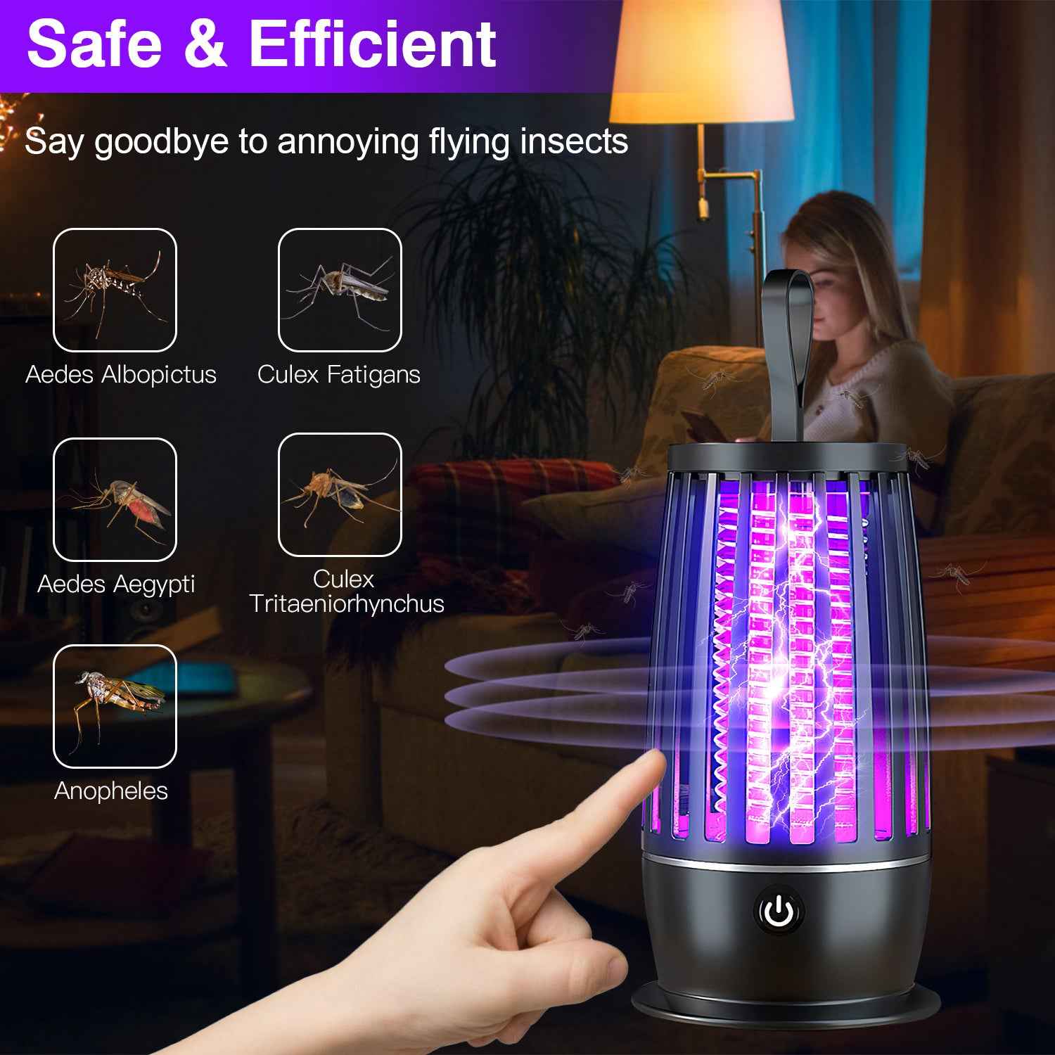 1Pc Rechargeable Mosquito Killer Lamp Bug Zapper With Night Light Strap Mosquito Catcher With Max 1615Square Feet Range UV Light For Indoor Outdoor