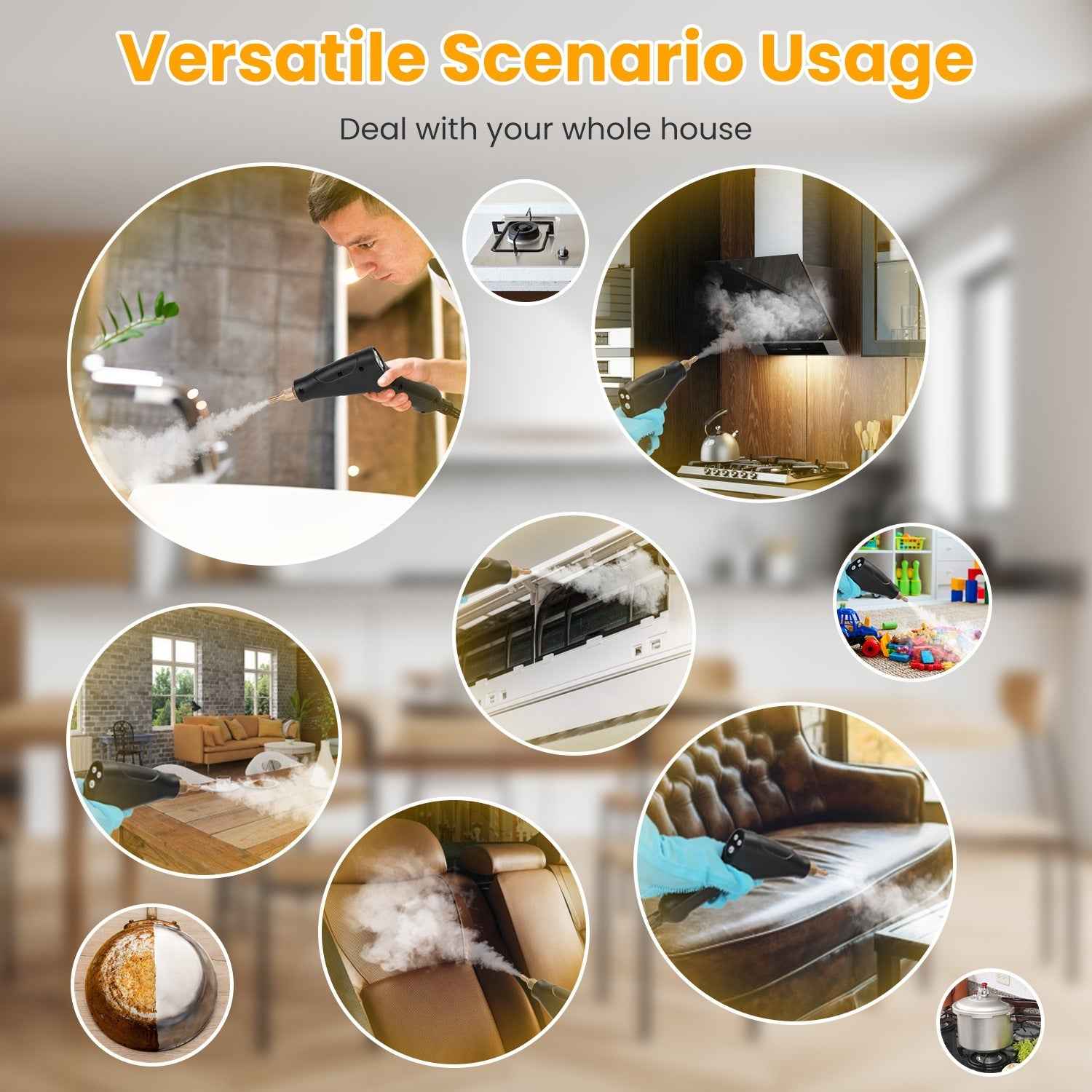 1500W Handheld High Temperature And Pressure Steamer Cleaner With 1200ML Tank 8 Accessories 6 Steam Levels Digital Display Handle Control For Dirt Grease Grout Tile Floor Couch Car