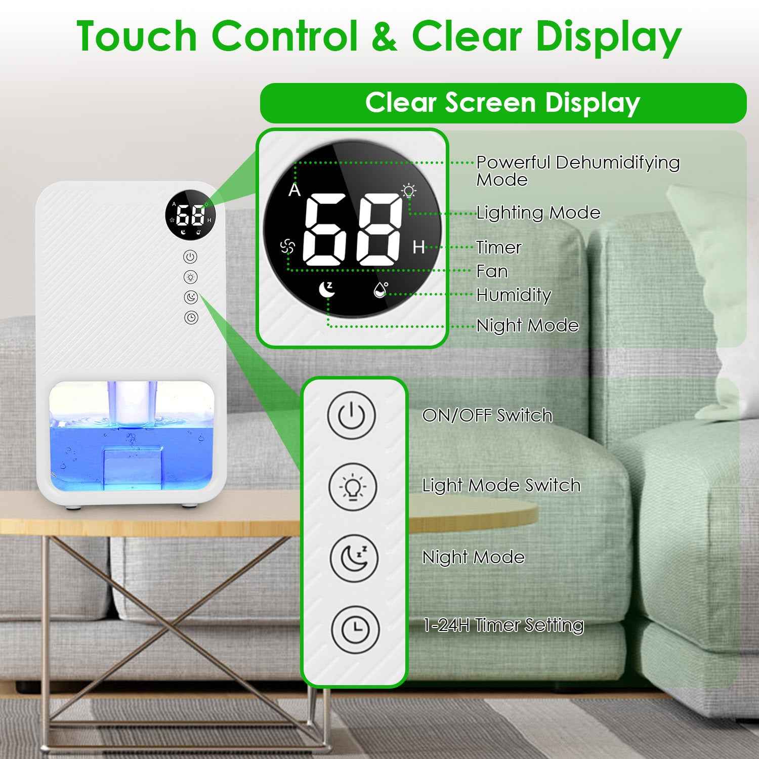 1Pc 37OZ Dehumidifier Indoor Portable Small Dehumidifier With Sleep Mode 24H Timer 7Color Lighting  Touch Control For Home Bathroom Basement Closet RV Bedroom