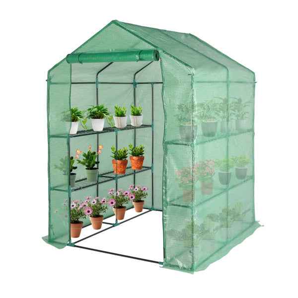 143x143x195cm PE Fabric Flower Room, Black Iron Pipe, Pointed Top, With 8 Mesh Flower Racks, Zipper Roll Door