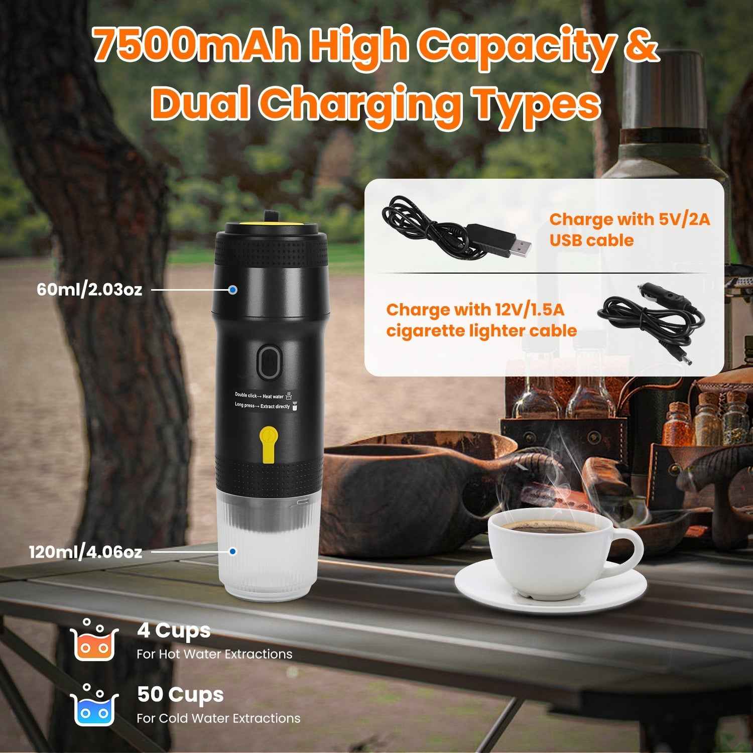 1Pc Portable Electric Espresso Machine Cordless Coffee Maker Self Heating Car Espresso Maker With Anti Dry Burn Fit For Ground Coffee NS DG Capsules For Car Camping Hiking RV Home Office