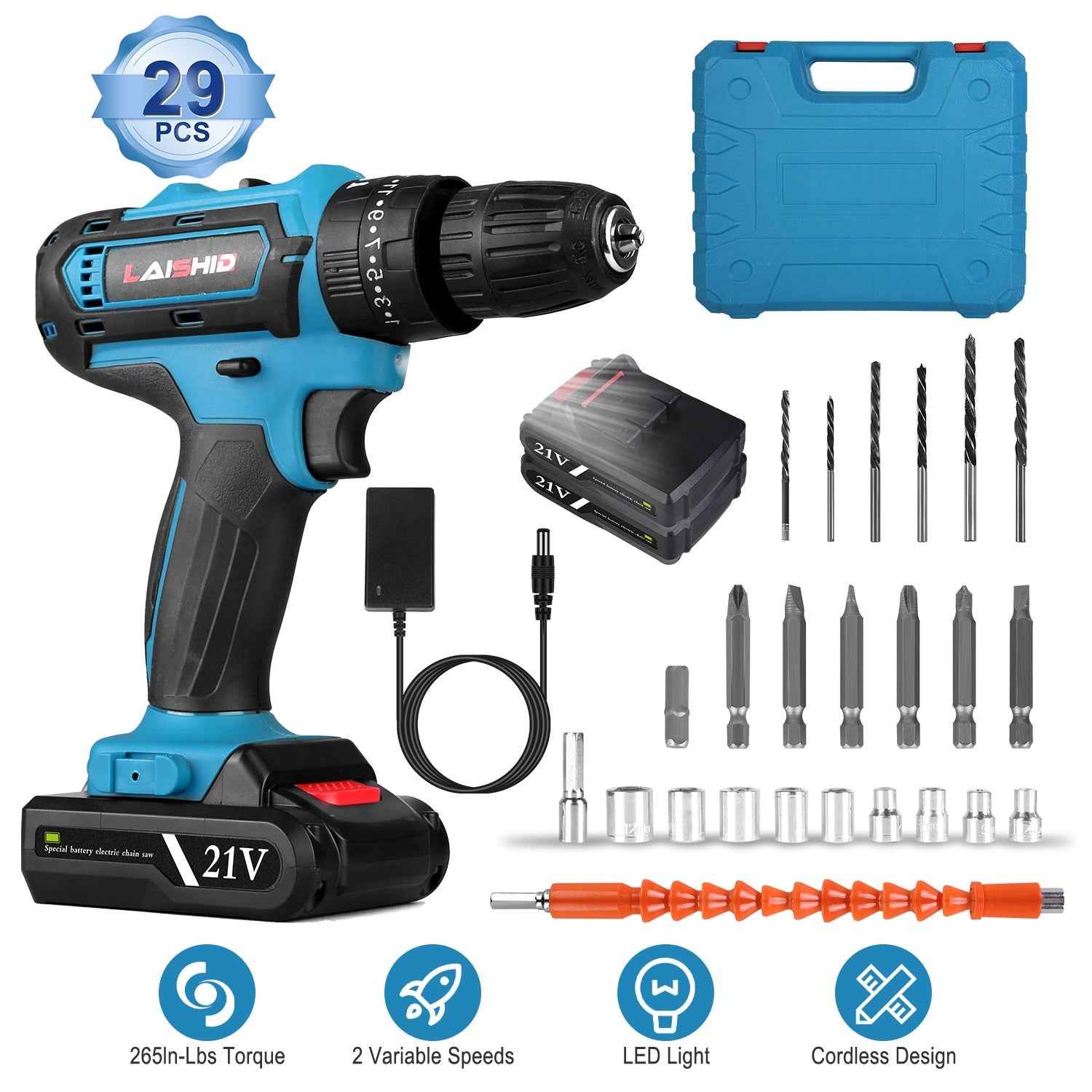 1Pack Cordless Drill Set With 2Pcs 21V Batteries And Charger 2 Variable Speeds Keyless Chuck 265lnLbs 25 And 3 Torque Positions Included 24Pcs Drill Bits For Home Car Repair Handmade