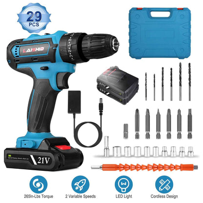1Pack Cordless Drill Set With 2Pcs 21V Batteries And Charger 2 Variable Speeds Keyless Chuck 265lnLbs 25 And 3 Torque Positions Included 24Pcs Drill Bits For Home Car Repair Handmade
