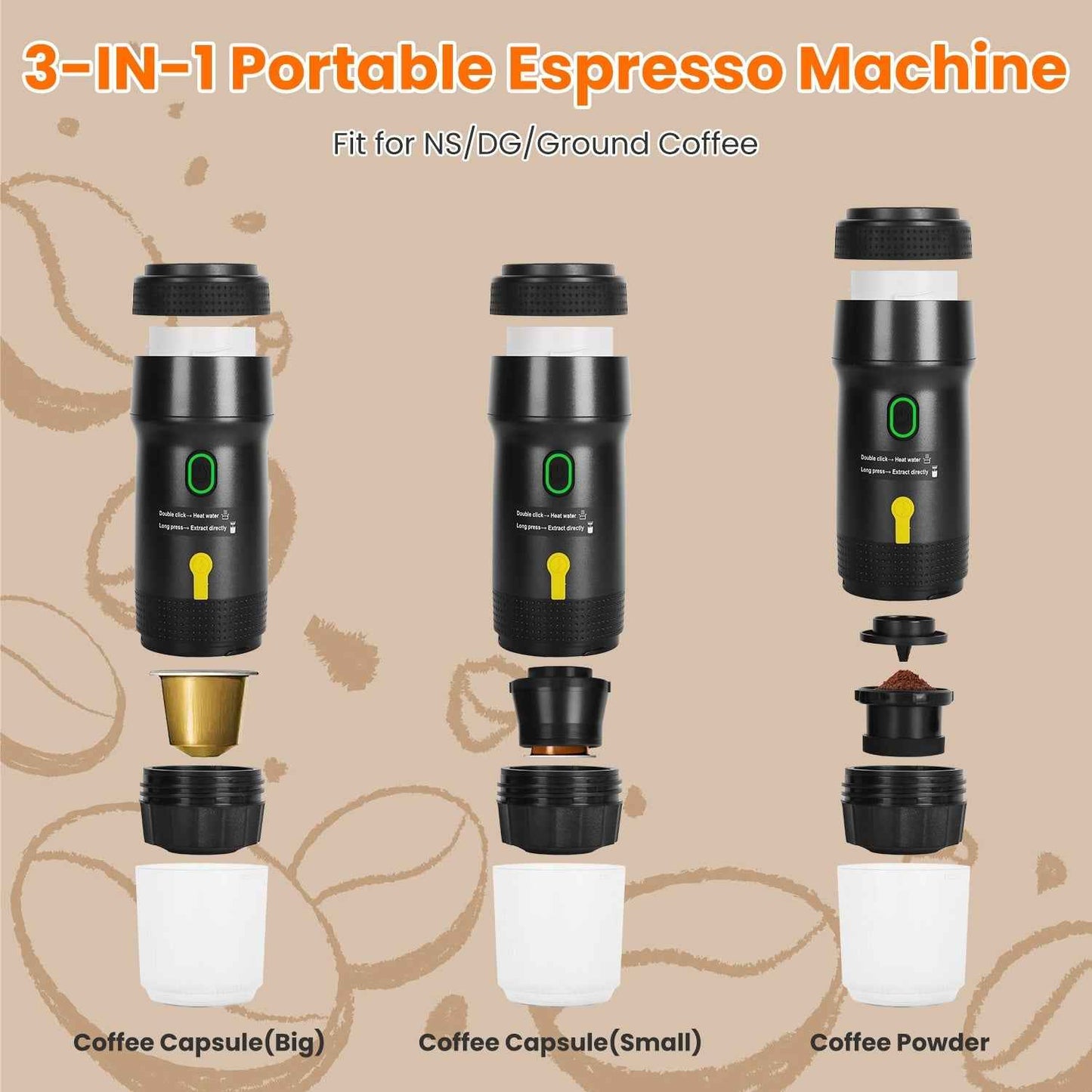 1Pc Portable Electric Espresso Machine Cordless Coffee Maker Self Heating Car Espresso Maker With Anti Dry Burn Fit For Ground Coffee NS DG Capsules For Car Camping Hiking RV Home Office