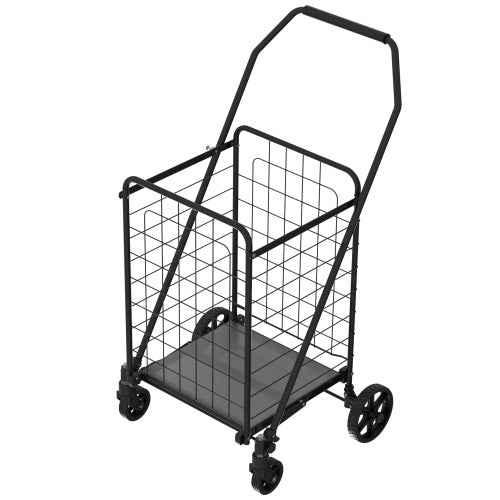Shopping Cart With Shelf,Grocery Cart On Wheels, Foldable Utility Shopping Carts With Double Basket And 360 Rolling Swivel Wheels For Groceries Laundry