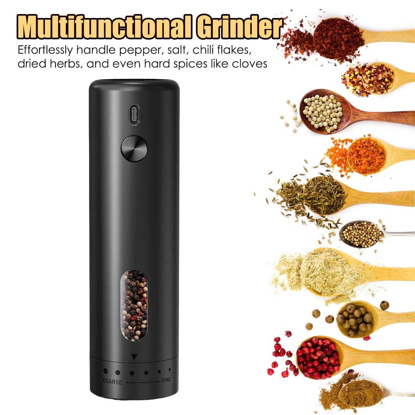 1Pc  Electric Pepper Grinder USB Rechargeable Pepper Mill Automatic Salt Grinder With 6 Adjustable Coarseness LED Light 110ML Container One Hand Operation For Kitchen Essential