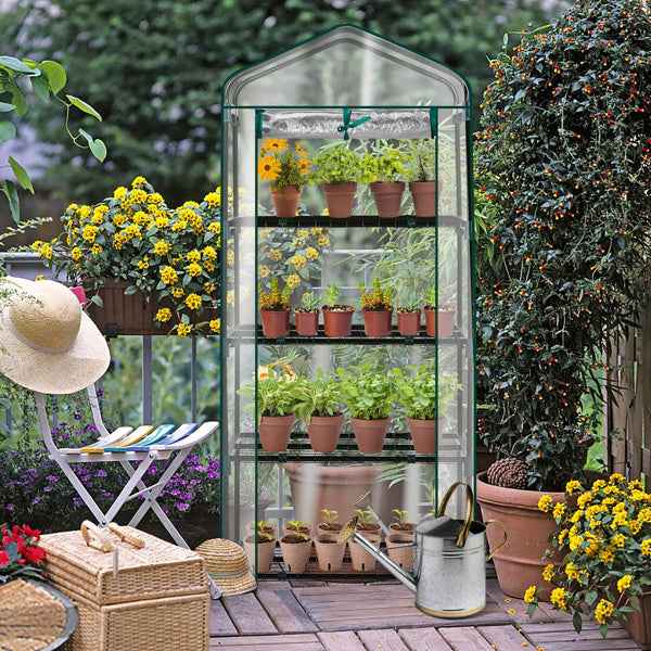 27X19X62in PE Cloth Flower Room Transparent PVC Dark Green Iron Pipe Spire Mini With 4 Ply Grid Flower Stand With Zipper Rolling Door