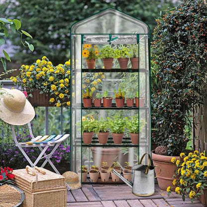 27X19X62in PE Cloth Flower Room Transparent PVC Dark Green Iron Pipe Spire Mini With 4 Ply Grid Flower Stand With Zipper Rolling Door