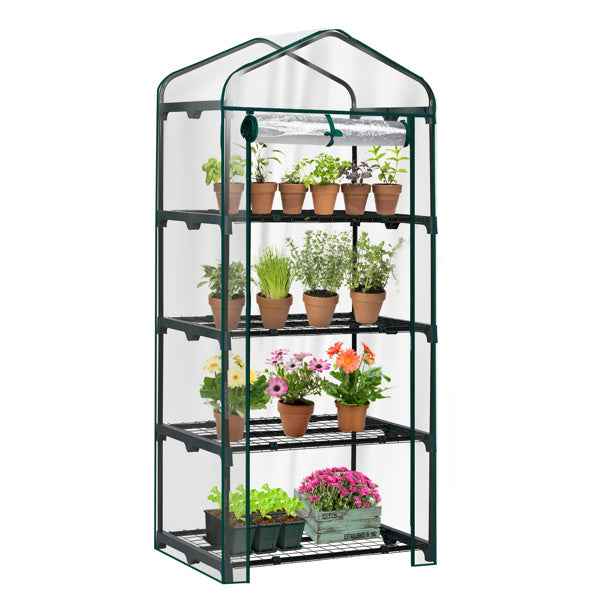 27X19X62in PE Cloth Flower Room Transparent PVC Dark Green Iron Pipe Spire Mini With 4 Ply Grid Flower Stand With Zipper Rolling Door