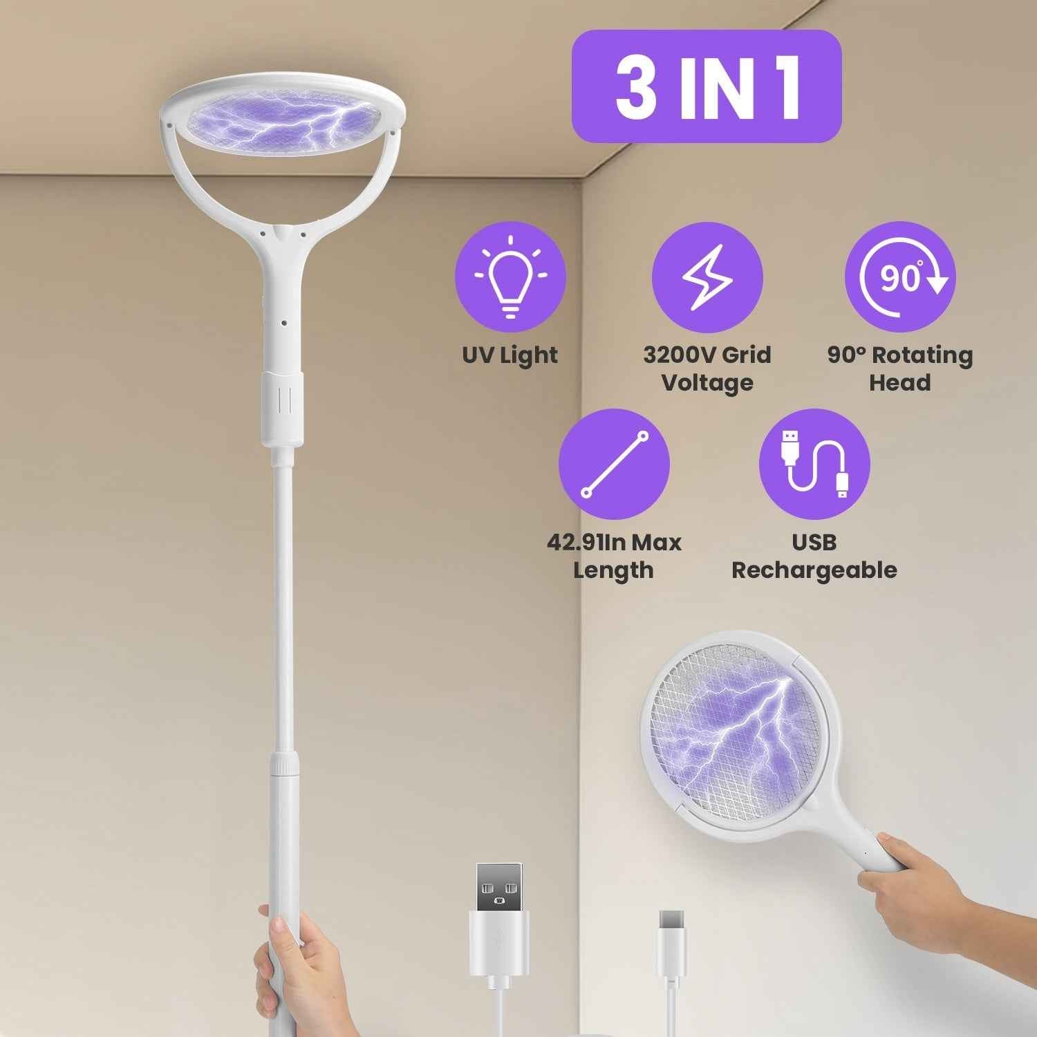 3 In 1 Electric Bug Zapper Racket 90Degree Rotating Bug Zapper Wand Indoor Outdoor Handheld Mosquito Swatter With Telescopic Extension Wand