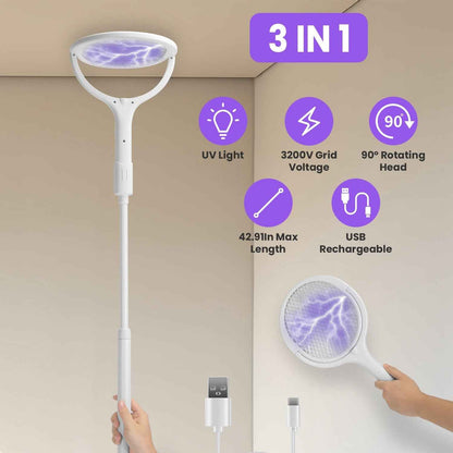 3 In 1 Electric Bug Zapper Racket 90Degree Rotating Bug Zapper Wand Indoor Outdoor Handheld Mosquito Swatter With Telescopic Extension Wand