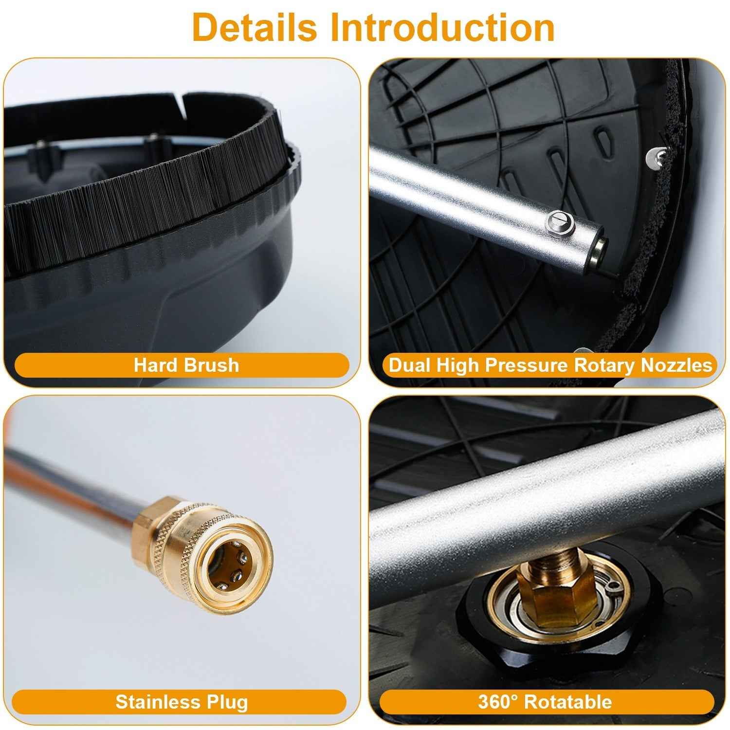 1 Set 15in High Pressure Flat Surface Cleaner 4000PSI Disc Power Washer Broom With 2 Washer Extension Wands 2Pc Replacement Nozzles