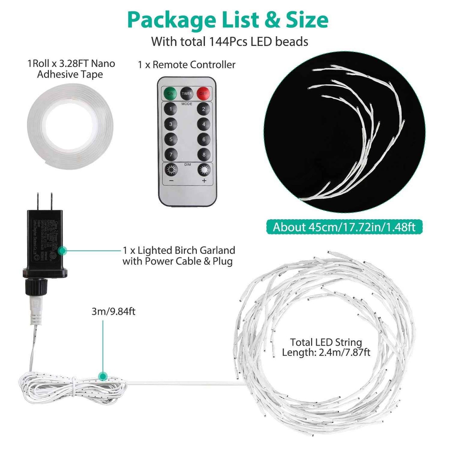 1Pc 7.87FT Lighted Birch Garland Lighted Twig Vine Lights 144LED Birch Garland With Lights String Light With Timer 8 Modes IP45 Waterproof For Christmas Fireplace Home Decoration